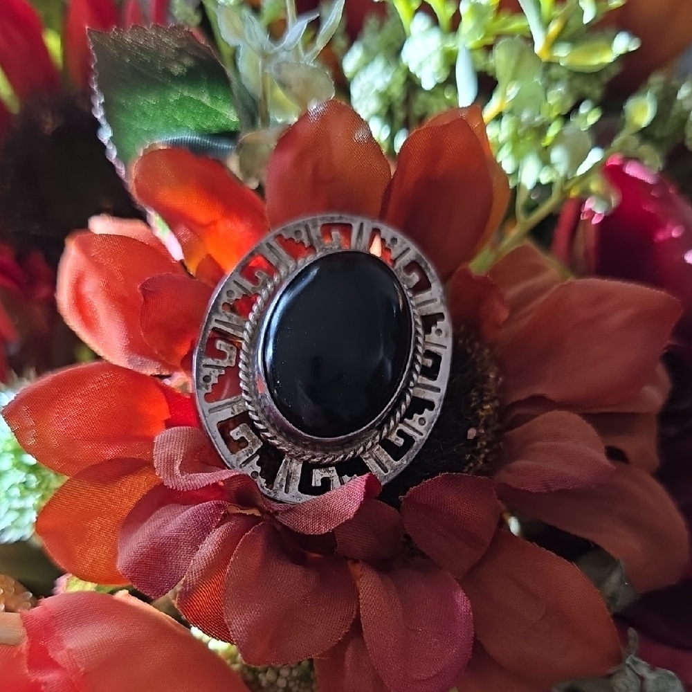 Vintage Black Onyx Silver-Tone Statement Ring - Unbranded
